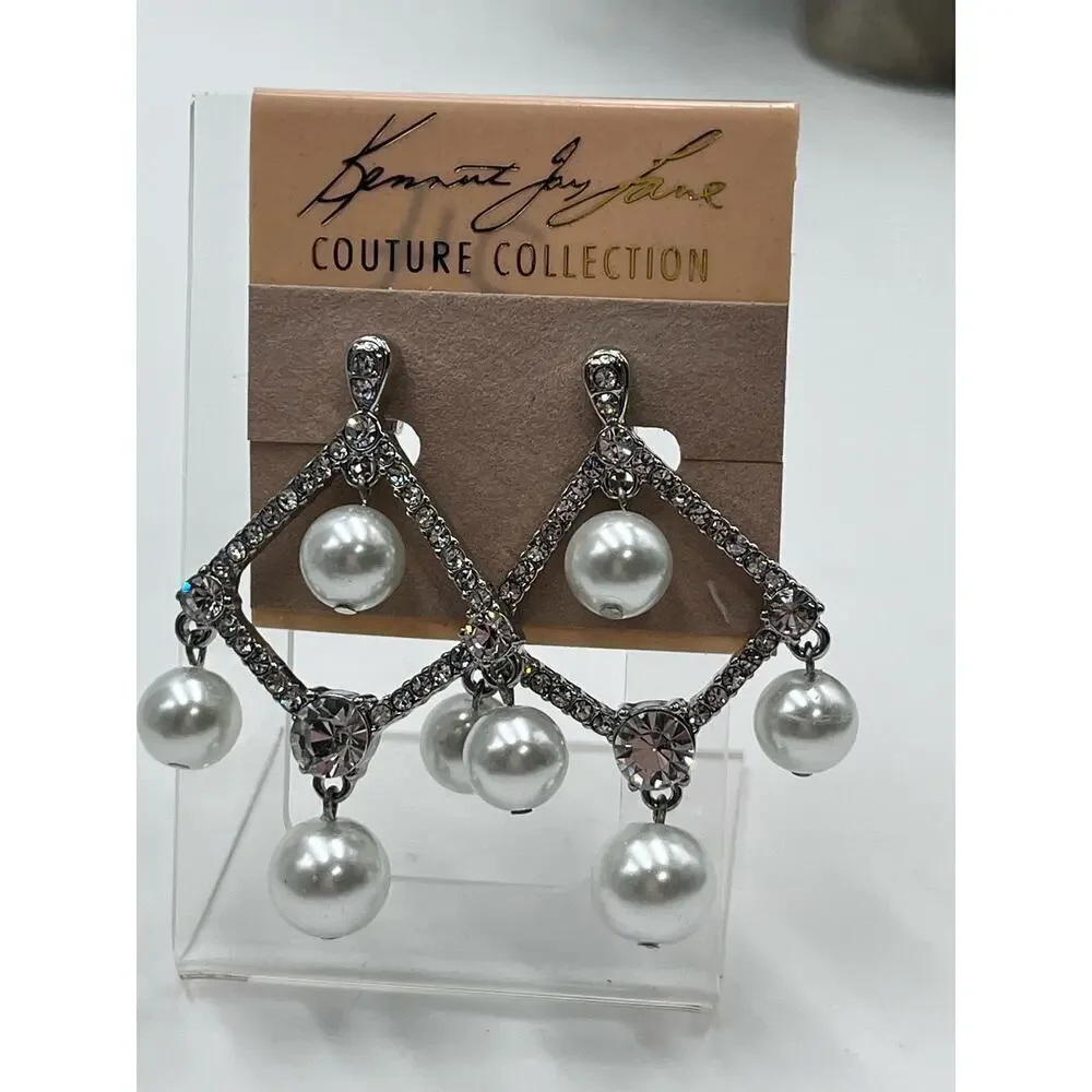 Kenneth‎ Jay Lane White Pearl Crystal Silver Tone Chandelier Clip Earrings New - Picture 4 of 14